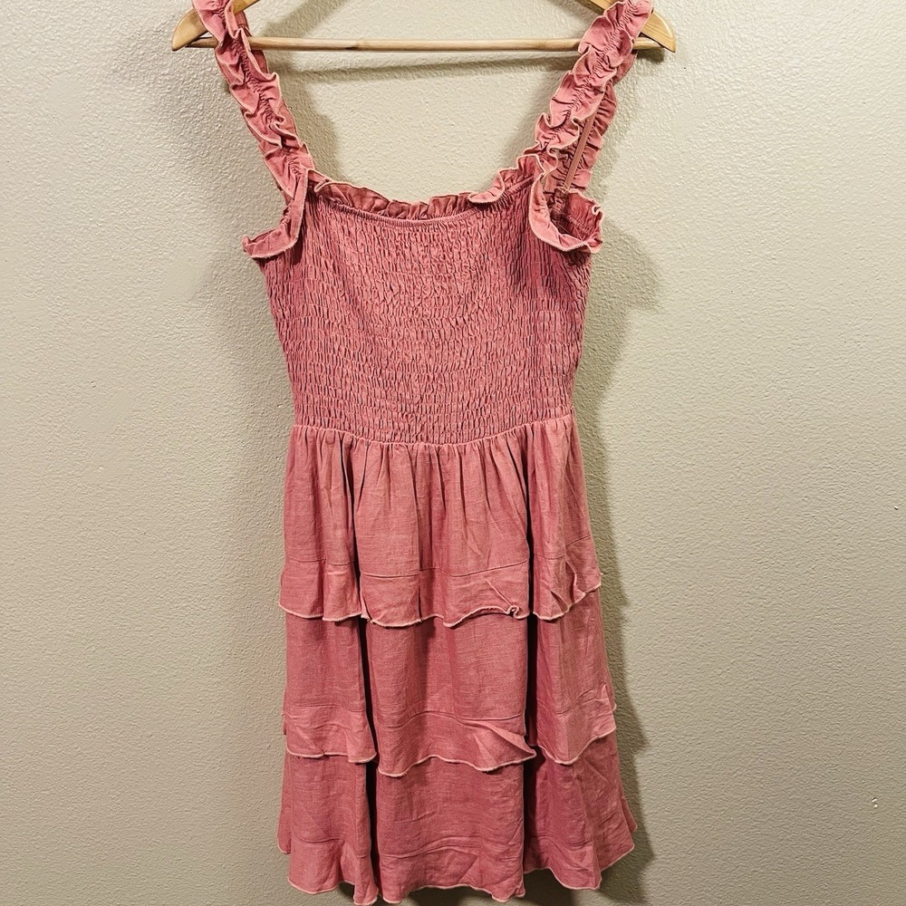 Lulus Dress Ruffles Smocking Big Bow  Lined Skirt Linen Blend Pink Coquette Sz M
